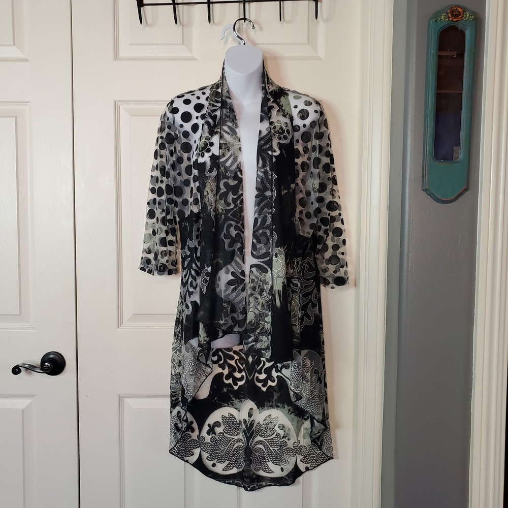 Kamana Cardigan Floral Black Green Sheer Boho Kimono Duster Hi-lo Mixed Media Sm